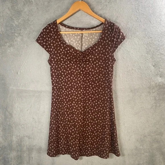 No Boundaries Babydoll Mini Dress Womens Medium Brown Floral Y2k 90s Forest‎ - Picture 2 of 7